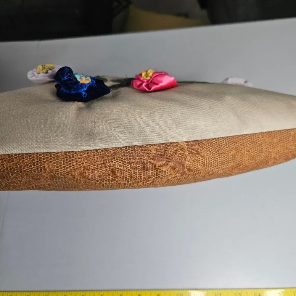 Vtg Handmade Floral Applique Throw‎ Pillow 3D Velvet Satin Flowers Cottagecore